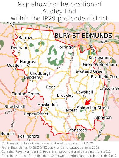 Map showing location of Audley End within IP29