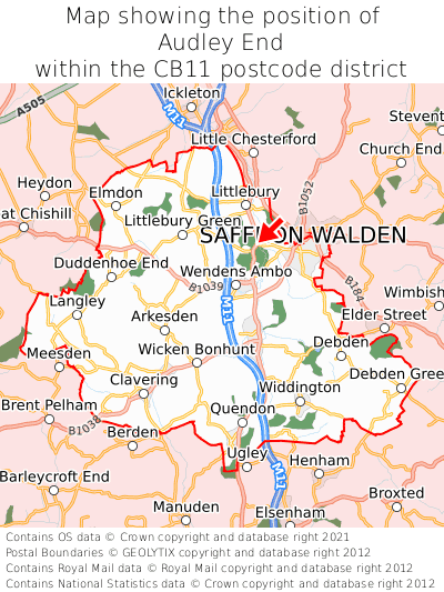 Map showing location of Audley End within CB11