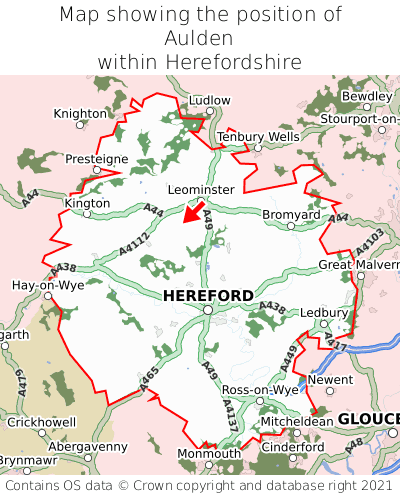 Map showing location of Aulden within Herefordshire