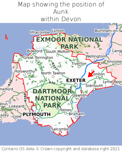 Map showing location of Aunk within Devon