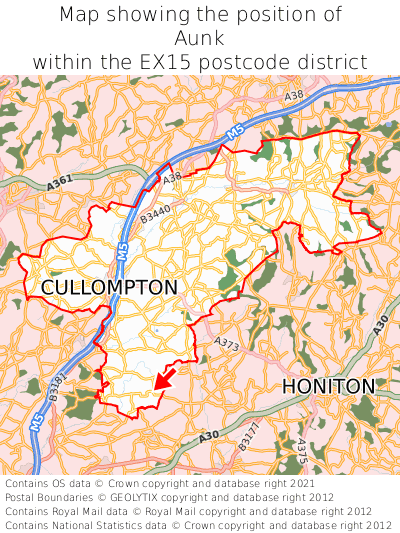 Map showing location of Aunk within EX15