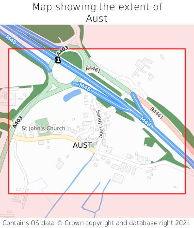 Map showing extent of Aust as bounding box