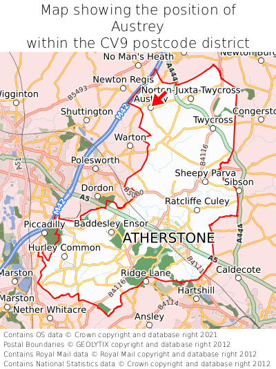 Map showing location of Austrey within CV9