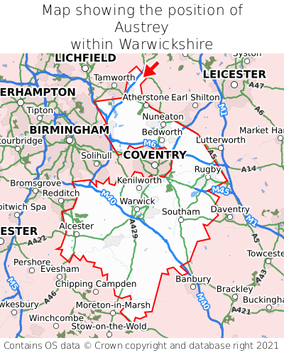 Map showing location of Austrey within Warwickshire