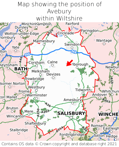 Map showing location of Avebury within Wiltshire