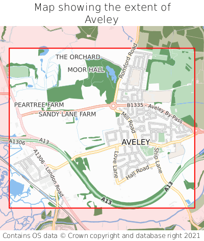Map showing extent of Aveley as bounding box