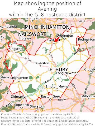 Map showing location of Avening within GL8