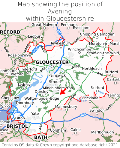 Map showing location of Avening within Gloucestershire