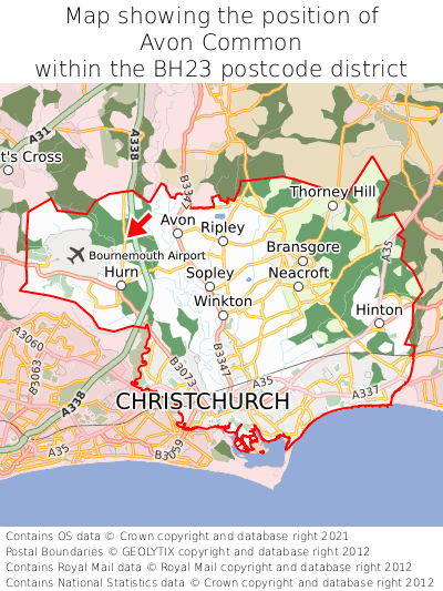 Map showing location of Avon Common within BH23