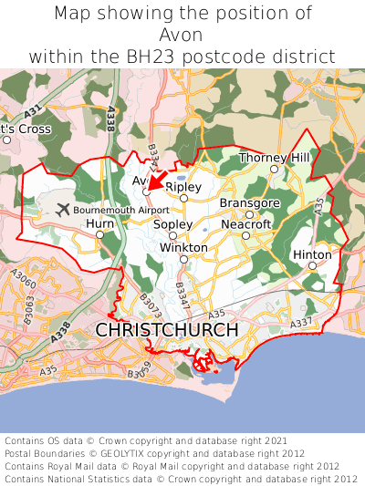 Map showing location of Avon within BH23