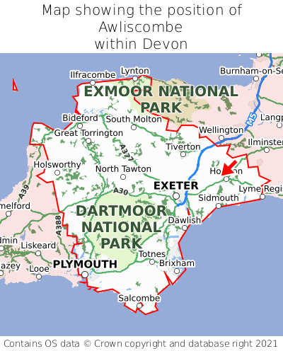 Map showing location of Awliscombe within Devon