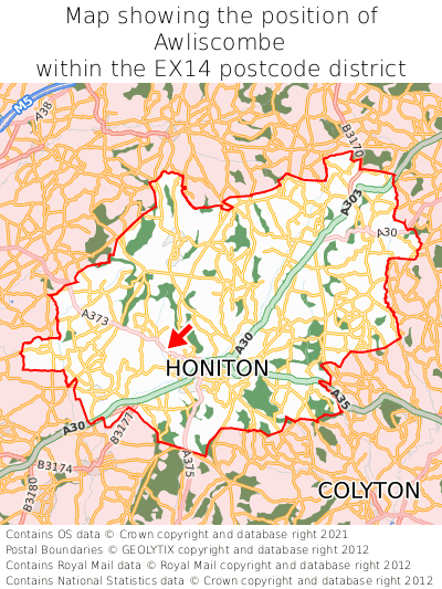 Map showing location of Awliscombe within EX14