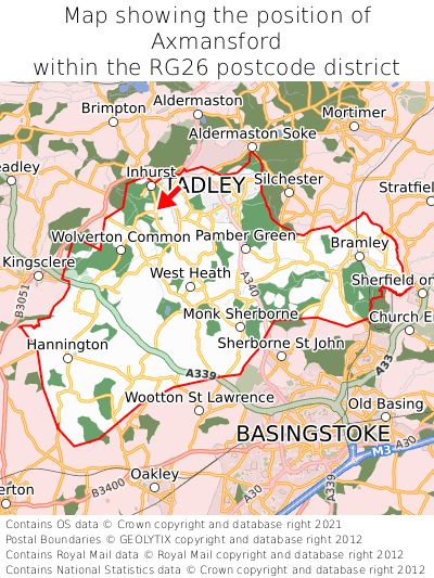 Map showing location of Axmansford within RG26