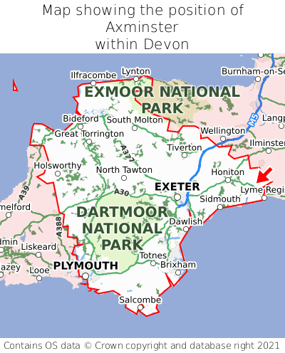 Map showing location of Axminster within Devon