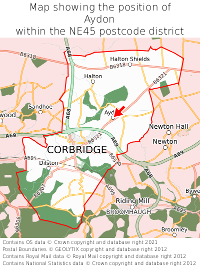 Map showing location of Aydon within NE45