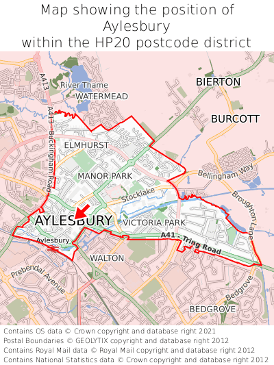 Map showing location of Aylesbury within HP20