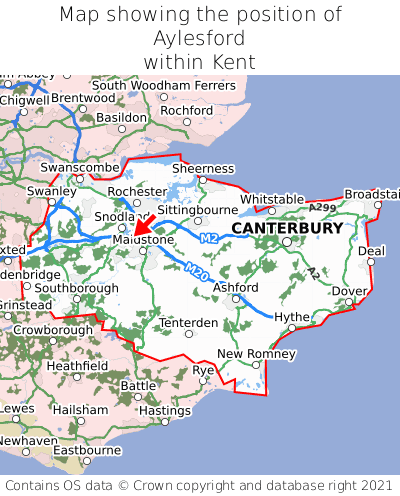 Map showing location of Aylesford within Kent