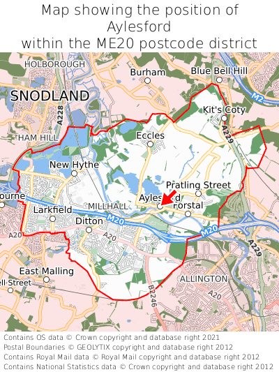 Map showing location of Aylesford within ME20
