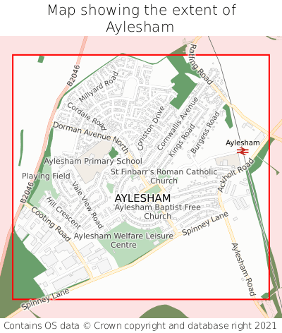 Map showing extent of Aylesham as bounding box