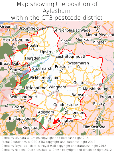 Map showing location of Aylesham within CT3