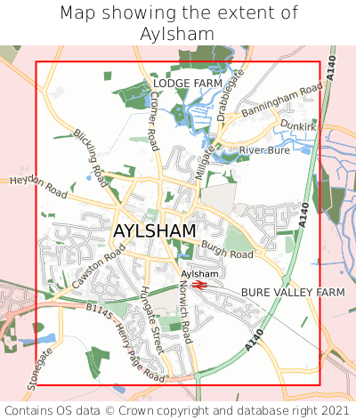 Map showing extent of Aylsham as bounding box