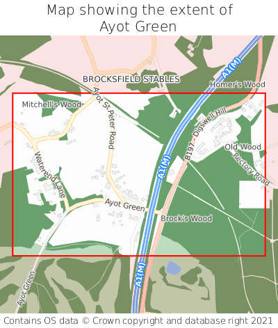 Map showing extent of Ayot Green as bounding box