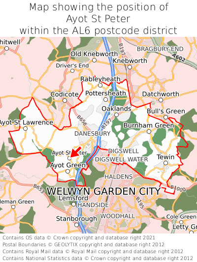 Map showing location of Ayot St Peter within AL6