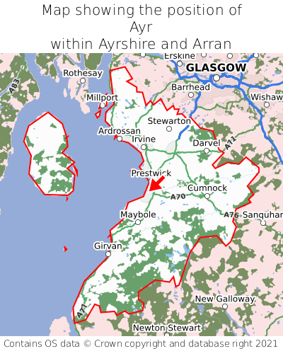 Map showing location of Ayr within Ayrshire and Arran