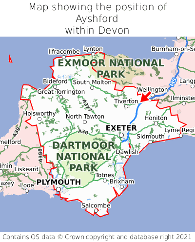 Map showing location of Ayshford within Devon