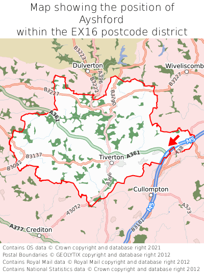 Map showing location of Ayshford within EX16