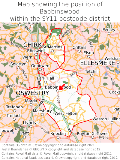 Map showing location of Babbinswood within SY11