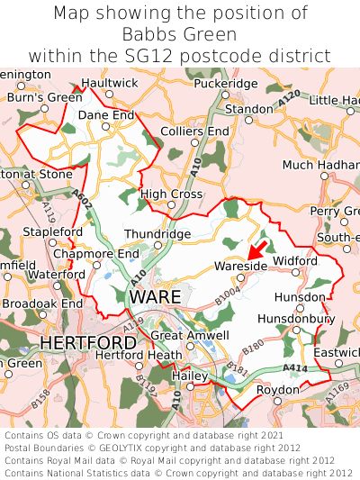 Map showing location of Babbs Green within SG12