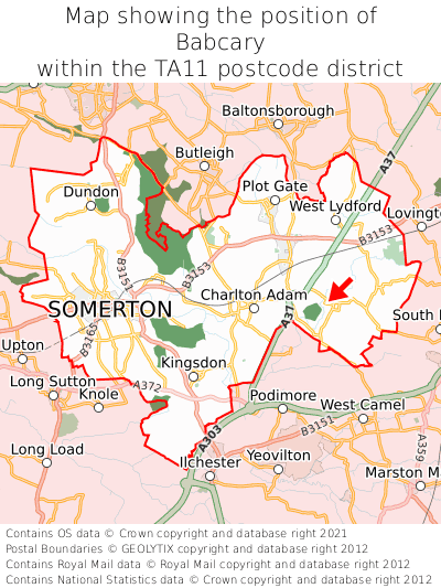 Map showing location of Babcary within TA11