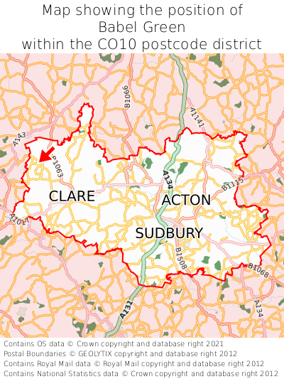 Map showing location of Babel Green within CO10