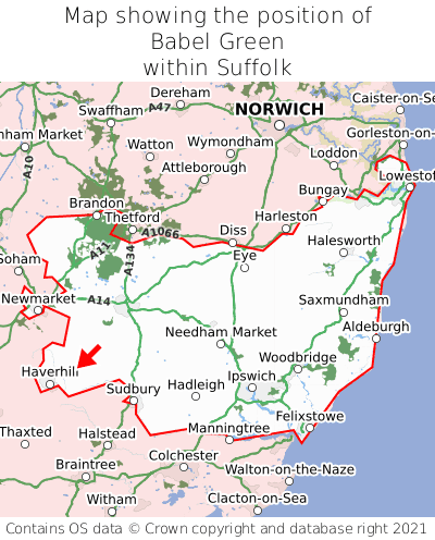 Map showing location of Babel Green within Suffolk