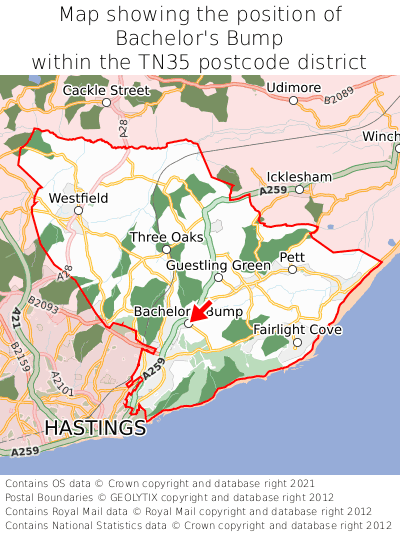 Map showing location of Bachelor's Bump within TN35