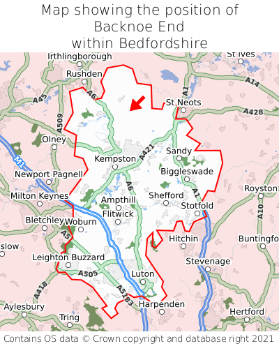 Map showing location of Backnoe End within Bedfordshire
