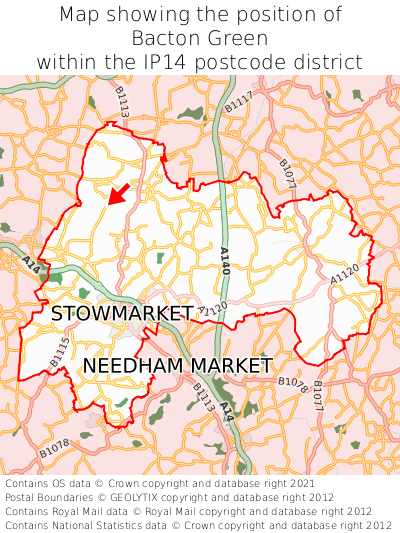 Map showing location of Bacton Green within IP14