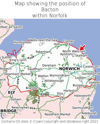 Map showing location of Bacton within Norfolk