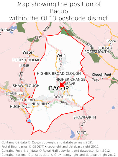 Map showing location of Bacup within OL13