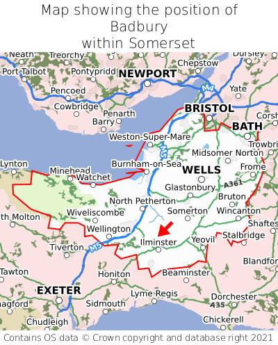 Map showing location of Badbury within Somerset