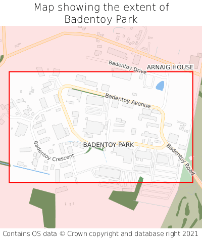 Map showing extent of Badentoy Park as bounding box