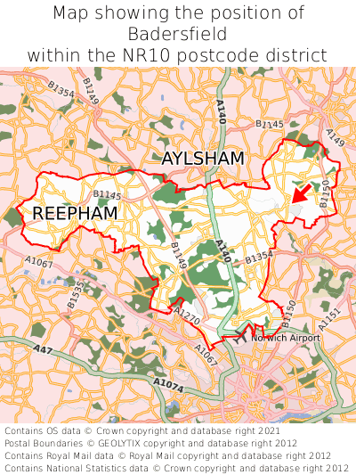 Map showing location of Badersfield within NR10