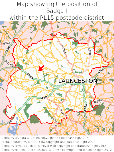 Map showing location of Badgall within PL15