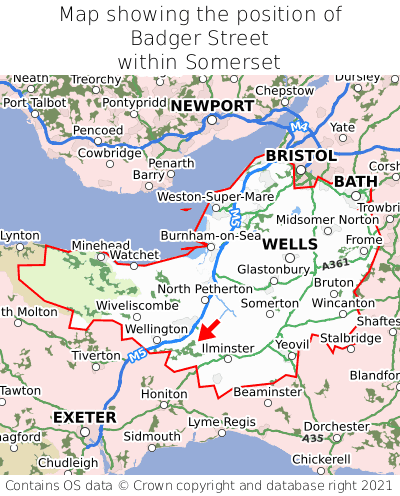 Map showing location of Badger Street within Somerset