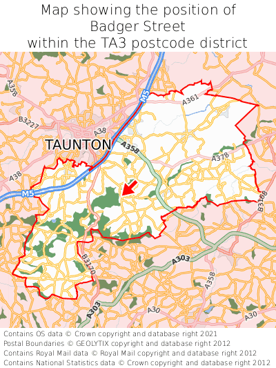 Map showing location of Badger Street within TA3
