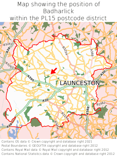 Map showing location of Badharlick within PL15