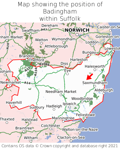 Map showing location of Badingham within Suffolk