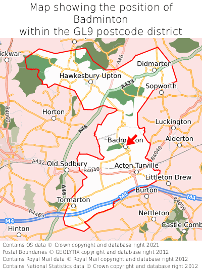Map showing location of Badminton within GL9
