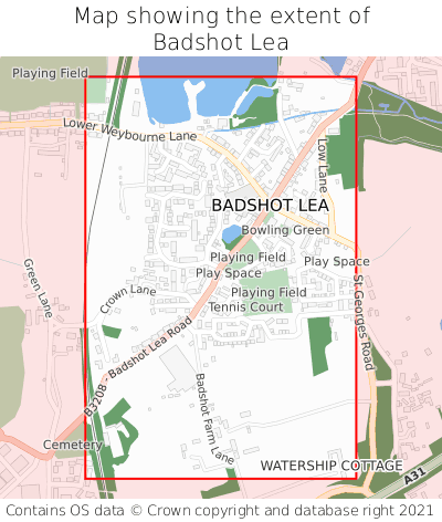 Map showing extent of Badshot Lea as bounding box